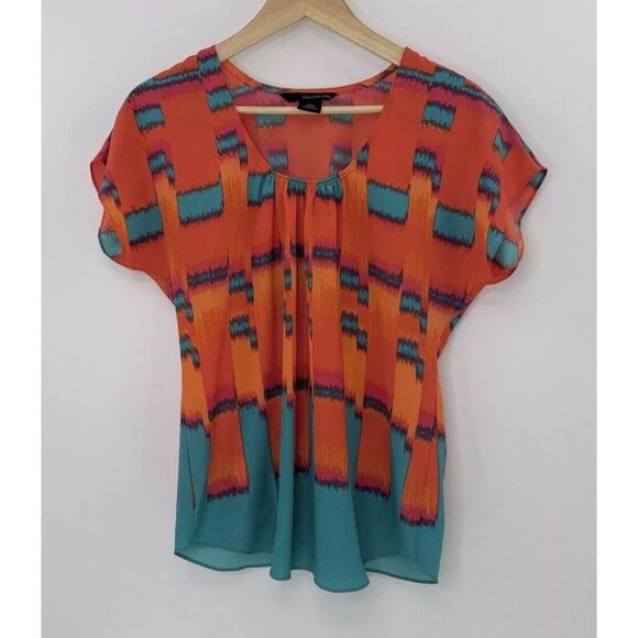 Calvin Klein Firecracker Orange‎ Teal Short Sleeve Chiffon Blouse Sz Small, Boho - Picture 1 of 7